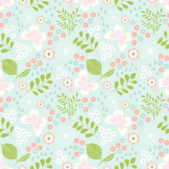 Floral seamless pattern with butterflies, leaves  for kids
