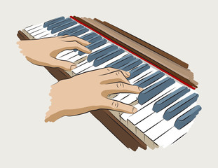 Playing piano. Colored illustration hands on piano.