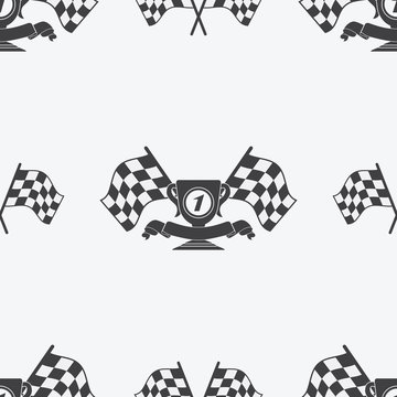 Checkered Flag or racing flags icon seamless pattern first place prize cup and finish ribbon. Sport auto, speed and success, competition and winner, race rally, vector illustration