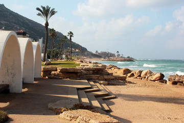 Carmel mountain and sandy beach in Haifa, Israel