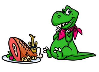 Dinosaur eats meat cartoon illustration isolated image animal character