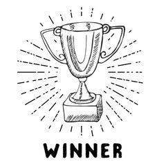 Sport trophy sketch doodle. Hand drawn winners prize on chalkboard background