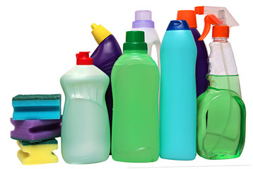 cleaning equipment isolated on white background. colored plastic bottles with Detergent . Studio shooting.