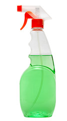 cleaning equipment isolated on white background. colored plastic bottles with Detergent . Studio shooting.