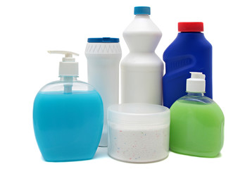 Detergent bottles isolated  white. Chemical cleaning supplies