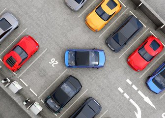Aerial view of parking lot. Half of parking lot available for EV charging service. 3D rendering image in original design. - obrazy, fototapety, plakaty