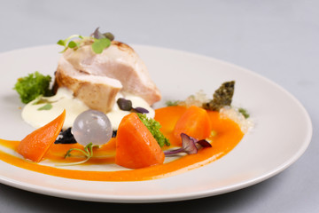 chicken breast with vegetables on a white plate.