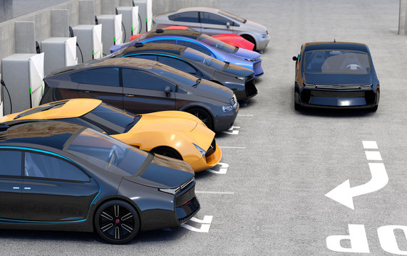 Blue Electric Car Park Into Parking Lot. 3D Rendering Image.