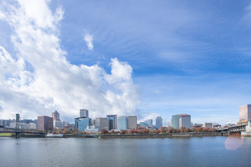 tranquil water with cityscape and skyline of portland