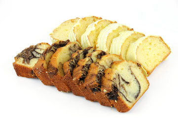 close up on fresh cakes sliced in rows