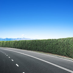 empty asphalt road through forest and mountains in blue sky