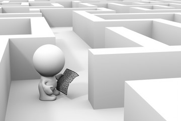 cute 3d human character exploring a maze structure using a map – in grayscales