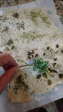 Hand in Nahaufnahme mit Zweig von Rosmarin mit ausgerolltem Teig für Kekse im Hintergrund