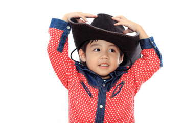 Asian little cowboy on white isolated background