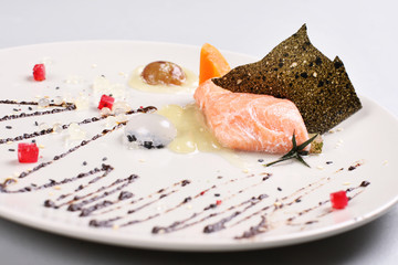 Smoked salmon and sauce cooked by molecular gastronomy technic