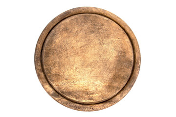 Old round wooden cutting board isolated on white background
