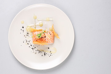 Smoked salmon and sauce cooked by molecular gastronomy technic