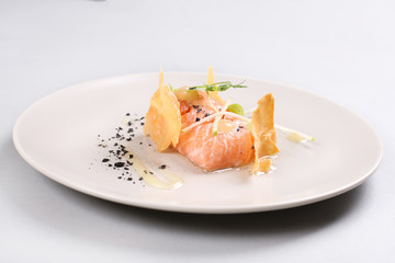 Smoked salmon and sauce cooked by molecular gastronomy technic