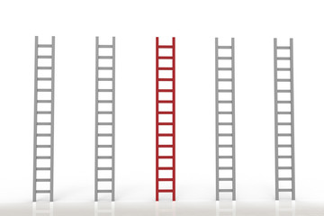 leadership concept with red ladder among grey ladders