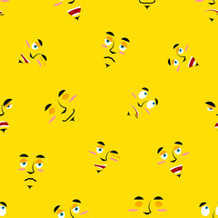 Cartoon faces seamless pattern. Set of emotions on yellow backgr