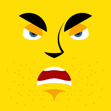 Cartoon angry face on yellow background. aggressive, Grumpy emot