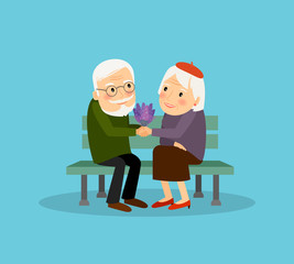 Lovely old couple sitting on bench. Vector illustration