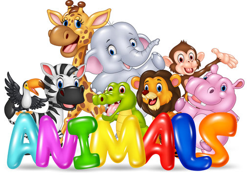 Illustration of Word animal with cartoon wild animal 

