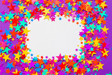 stars confetti on a purple background, frame