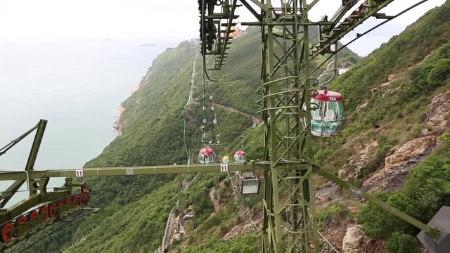 View of a roller coaster from the cabin cable car in the Ocean Park Hong Kong