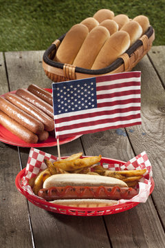 american hotdog sandwich and fries