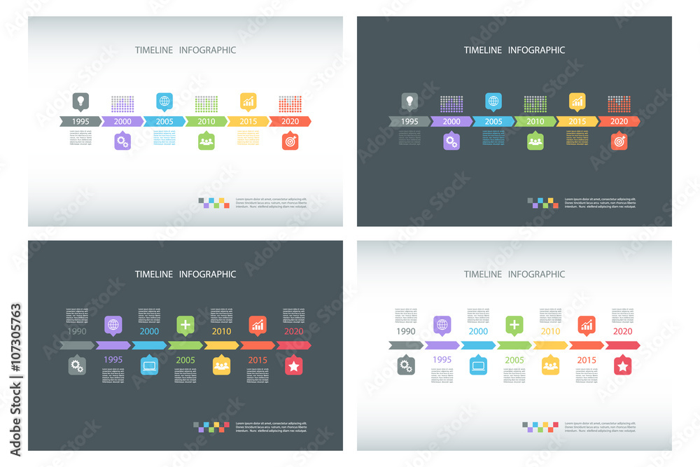 Aufkleber Set of timeline infographic design templates. Timeline infographic with diagrams and text. Vector illustration for workflow layout, diagram, number options, web design, business presentation.