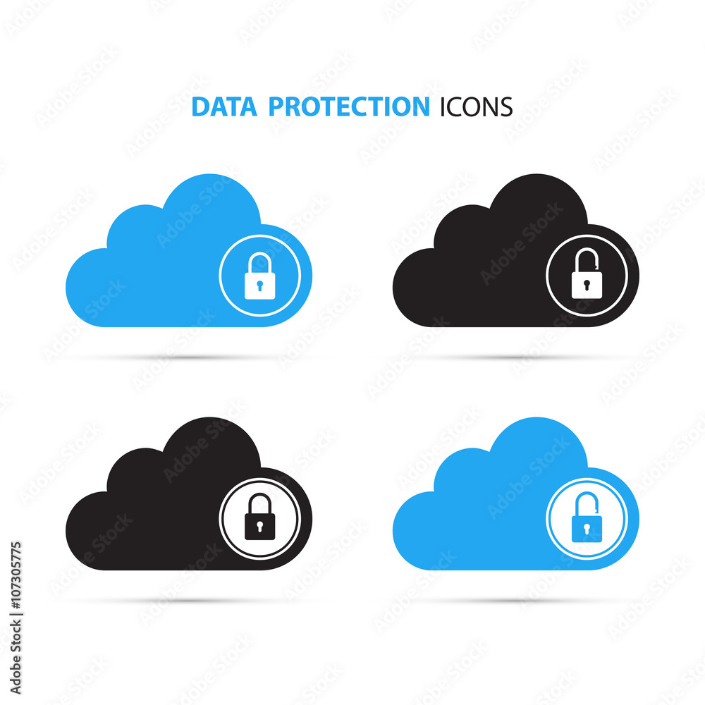 Poster Data protection icons. Cloud computing and protecting data concept. Secure cloud technology. Lock and unlock. Vector Illustration.
