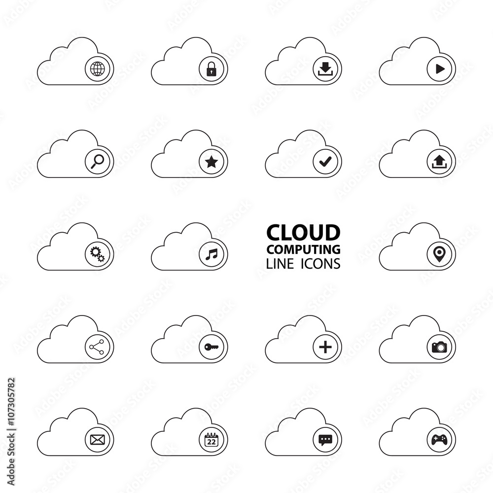 Poster Cloud computing line icons set. Cloud computing technology. Cloud services. Vector illustration.