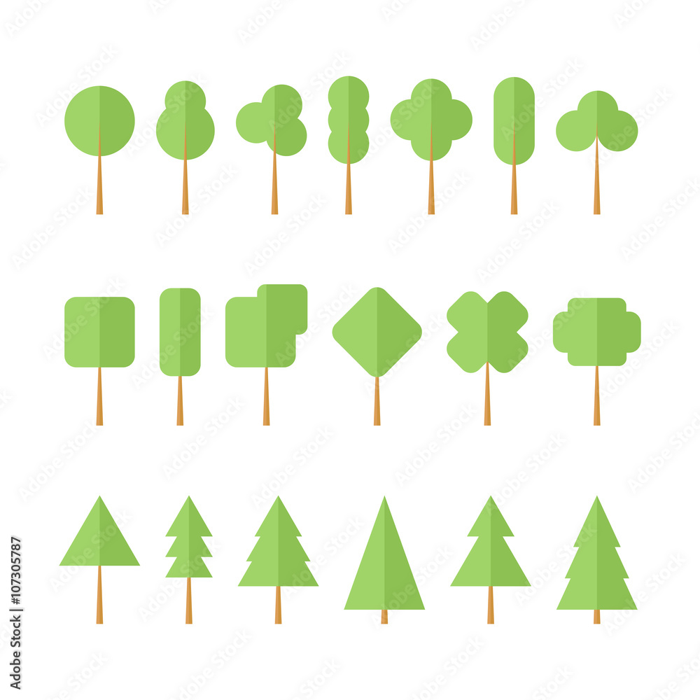 Poster different trees collection. set of flat tree icons. vector illustration.