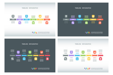 Set of timeline infographic design templates. Timeline infographic with diagrams and text. Vector illustration for workflow layout, diagram, number options, web design, business presentation.
