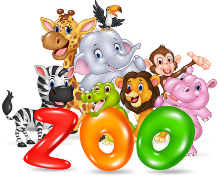 Word zoo with happy cartoon wild animal africa
