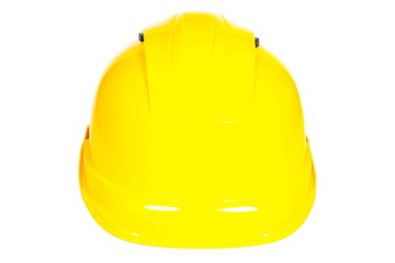 Closeup of yellow protective helmet on white background