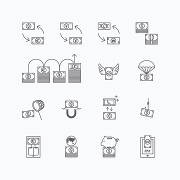 vector linear web icons set - business money currency bill conce