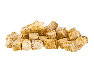 Pelleted compound feed isolated on white background, wheatfeed p