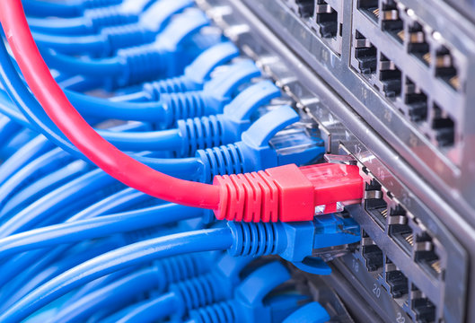 network cables and hub closeup with fiber optical background