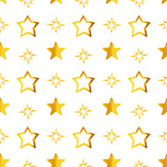 Seamless pattern with golden hand-painted stars on white background