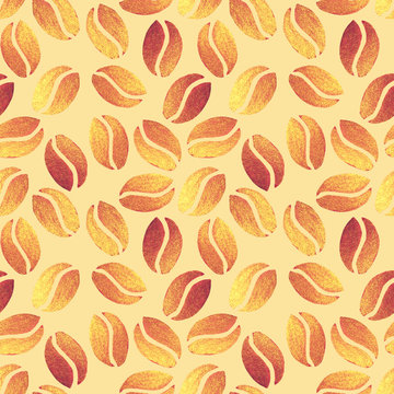 Seamless pattern with pearl gold coffee beans on a beige background