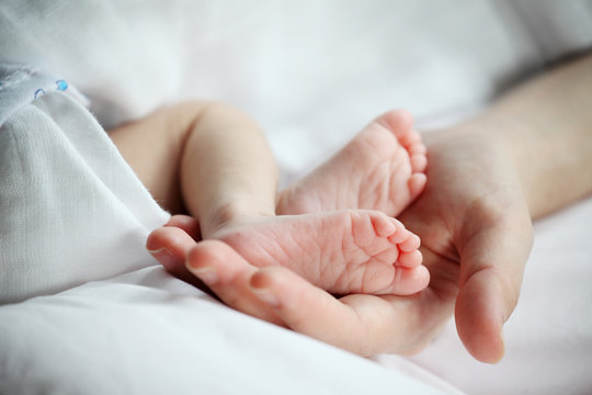 Baby's Feet in Mother Hand Closeup