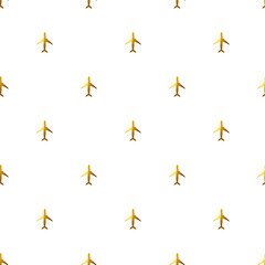 Seamless pattern with golden hand-painted airplanes on white background