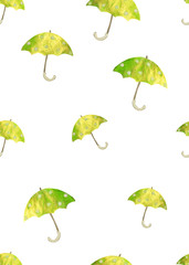 Seamless pattern with hand drawn green umbrellas with white circles on white background