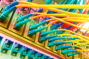 Fiber Optic cables connected to an optic ports and Network cable