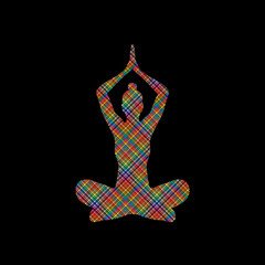 Yoga Sitting pose designed using colorful pixels graphic vector.
