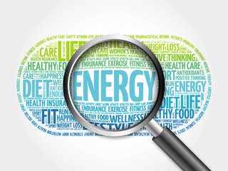 ENERGY word cloud with magnifying glass, health concept