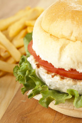 chicken burger and fries closeup