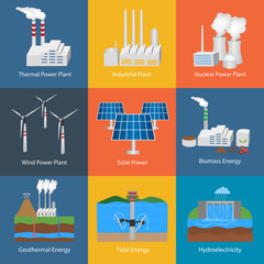 Illustration with different power plant icons:thermal, hydro, nuclear, diesel, solar, eco, wind, geothermal, tidal. Conception of making energy and pollution of the environment. Set of Power plants
